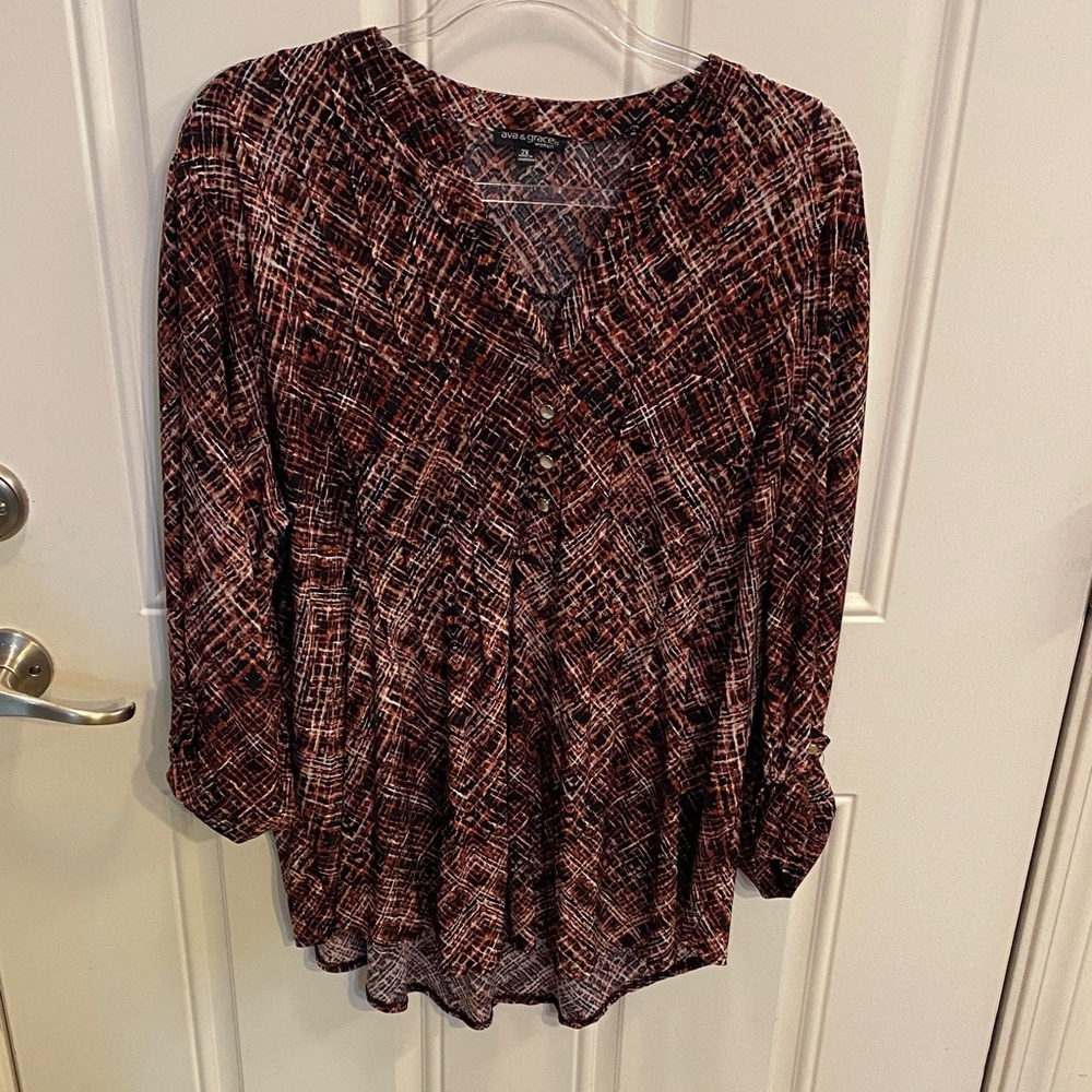 Ava & Grace Burgundy Multi-Print V-Neck Peasant Tunic